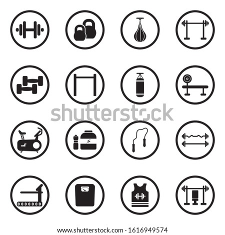 Fitness Icons. Black Flat Design In Circle. Vector Illustration.