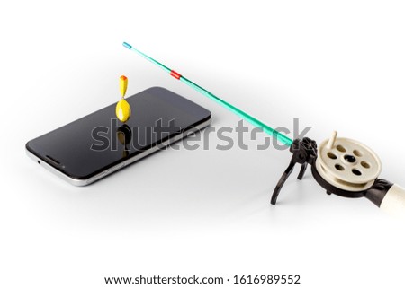 small winter fishing rod and smartphone on a white background. The concept of finding the right information