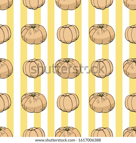 Seamless pattern with hand drawn cheese pumpkins. Endless texture with vegetables on yellow and white striped background for your design