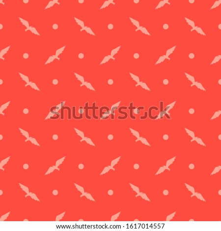 Pink silhouettes of flying birds on red background. Seamless pattern. Vector graphics.