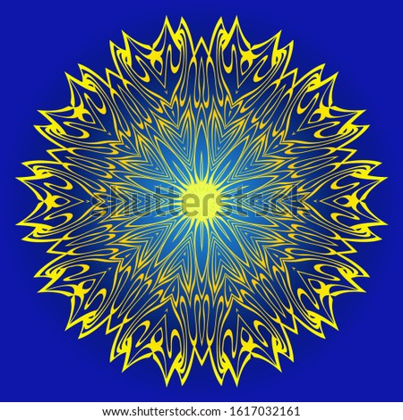Decorative Round Ornament Mandala From Floral Elements.  Illustration. Oriental Pattern. Indian, Moroccan, Mystic, Ottoman Motifs. Anti-Stress Therapy Pattern. Blue, yellow color.