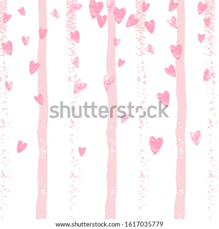 Wedding glitter confetti with hearts on pink stripes. Random falling sequins with metallic shimmer. Design with pink wedding glitter for party invitation, event banner, flyer, birthday card.