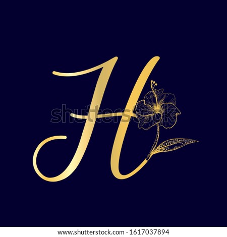Letter H. Uppercase  with decorative floral elements. Alphabet initials golden sign isolated on dark blue background. Elegant, luxury, wedding, boutique style.