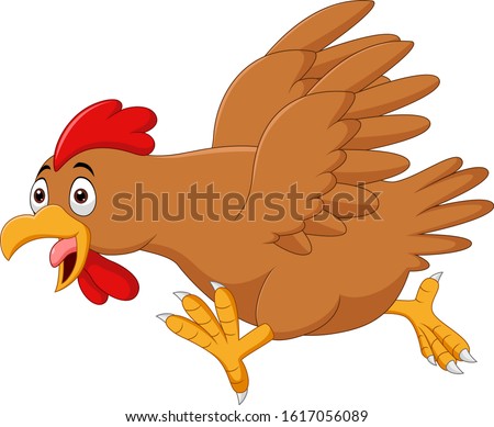 Cartoon funny chicken running on white background