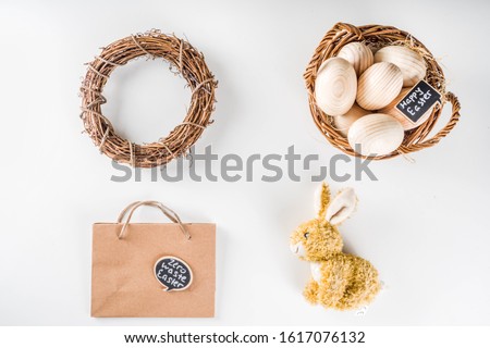 Spring Easter holiday. background. Zero waste Easter concept with traditional Easter decoration - eggs, flowers, branches, bunny. Eco friendly lifestyle, Above copy space  