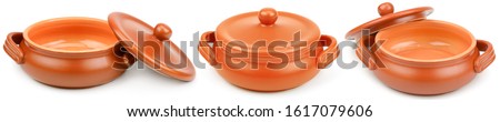 Panoramic ceramic pots with lid from different angles isolated on white background. Royalty-Free Stock Photo #1617079606