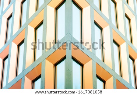 Toned photo collage of bright modern building facade pictures. Abstract geometric background of parallel lines.