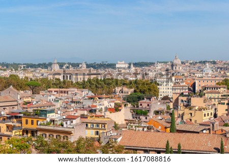 Rome overview with monument Panorama from Piazzale Garibaldi. Italy