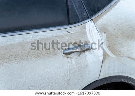 dirty frozen white car, close-up, layout for design