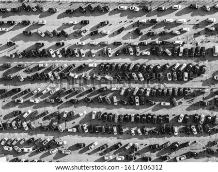 Drone aerial view of used car market in Kaunas, Lithuania