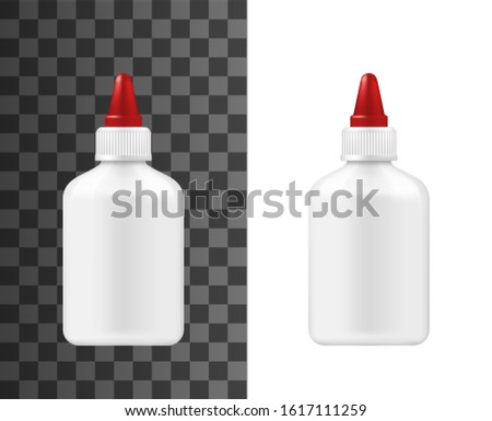 Glue bottle, plastic container with red cap, 3d mockup template. Vector isolated super glue package, office stationery and domestic adhesive tool item, blank bottle branding mock up Royalty-Free Stock Photo #1617111259
