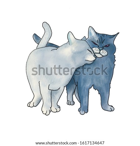 Harmful cat love, blue kitten illustration postcard Valentine’s Day 