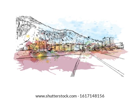 Building view with landmark of Gibraltar is a British Overseas Territory and headland, on Spain's south coast. Watercolor splash with Hand drawn sketch illustration in vector.
