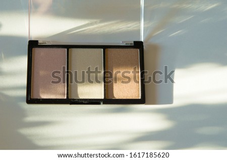 Compact eyeshadow palette or illuminizer. The concept of fashion and beauty industry. Natural hard light, deep shadows. - Image