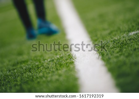 Sports grass field pitch and white sideline. Sports player walking in the blurred background  Royalty-Free Stock Photo #1617192319