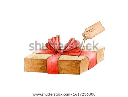 Present box with a red ribbon and a bow watercolor illustration. Hand drawn wrapped present with a label tag. Holiday gift isolated on white background.