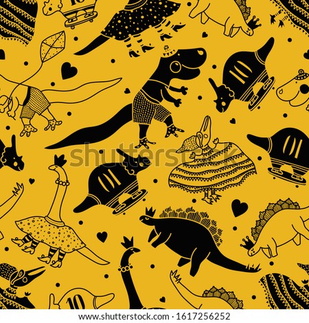 Seamless pattern with cute cartoon dinosaurs.Vector. Design for fabric, print, textile, wrapping paper.