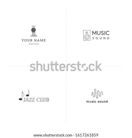 Vector set of hand drawn logo templates. Music and sound record elements. For music shops and cafe, sound record studios, for musicians, performers and singers. For business identity and branding.