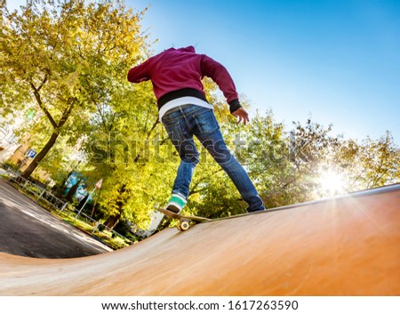 Skateboarder jumping in city skatepark at the halfpipe in the autumn
