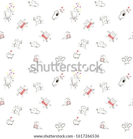 hand-drawn pattern with colorful crayons funny cats, pink, red, for cards, illustrations, packaging, fabric, business cards, banners, decorations, wedding invitations, for children.