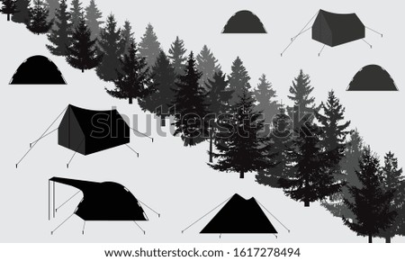 Camping in forest. Silhouettes of tents and fir trees. Applied clipping mask. Vector illustration.