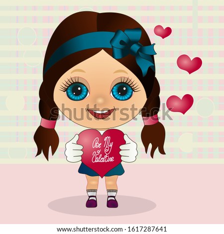 Emoticon with a funny happy girl in love that stands and presses his hands to his chest a big pink heart, vector clip art on checkered background