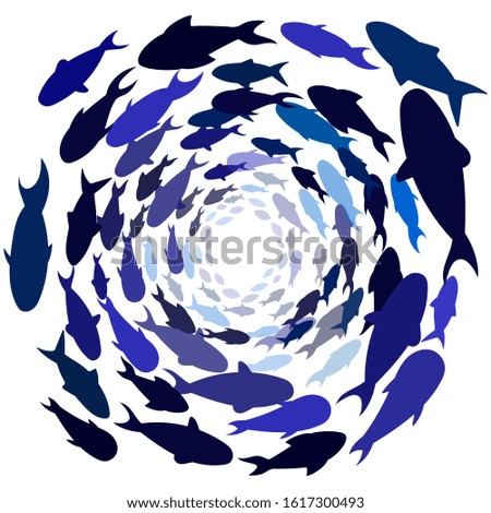 school of blue fish in a circle. Shoal of sea fish swimming in group underwater in the ocean. Vector image. deep under water. classic blue