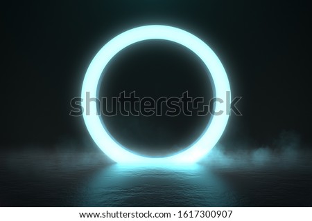 Circle neon light in black hall room, futuristic concept, Abstract geometric background, Product display, Scene, 3D Rendering. Royalty-Free Stock Photo #1617300907