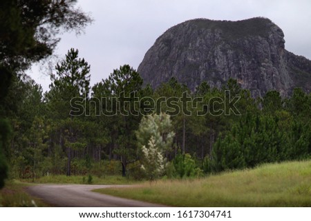A colour image of the view from a secluded road to the Glasshouse Mountain range in North Brisbane. A great spot to visit for tourists and hikers that love nature and beautiful scenery.