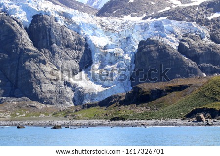 Close to the southeastern tip of South Georgia, Gold Harbour lies at the foot of the Salvesen Mountains.  Here is Bertrab Glacier flowing to the beach filled with wildlife.