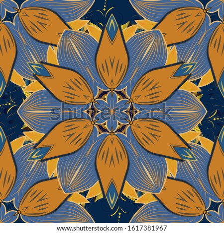 Art inspiorange, blue and beige style flowers and leaves background. Orange, blue and beige hand drawn pattern. Doodle flowers seamless pattern. Pattern.
