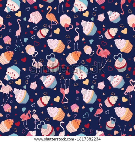 Valentine Seamless Vector Flamingo Cupcake. Pattern Heart Wallpaper.