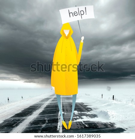 Man In Yellow Raincoat With Board Need Help. Beautiful Stormy Sky With Clouds And Snow Road