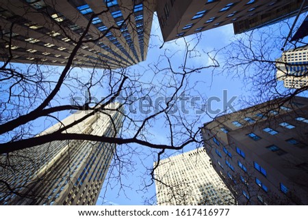 Worm's-eye view architecture background in Manhattan, New York, NY, USA