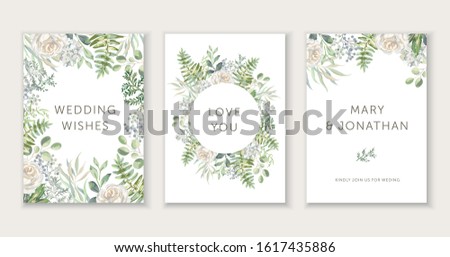 Wedding cards design. White rose flowers, green fern leaves bouquets, frames. Vector illustration. Floral arrangements. Invitation template background