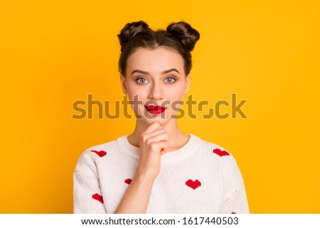 Close-up portrait of her she nice-looking winsome glamorous attractive lovely pretty charming cute girl prefect look make-up isolated over bright vivid shine vibrant yellow color background Royalty-Free Stock Photo #1617440503