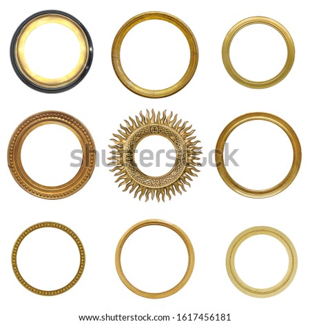 Set of round golden frames (circle) for paintings, mirrors or photos isolated on white background