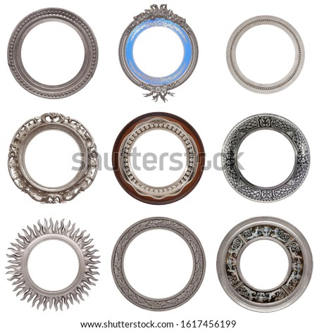 Set of round silver frames (circle) for paintings, mirrors or photos isolated on white background