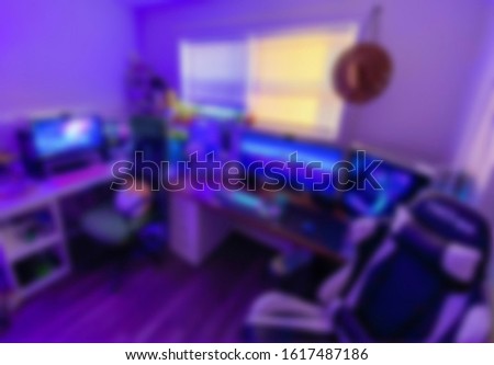 close up of pc for gaming with colorful led. blurry abstract background. e sports equipment concept.