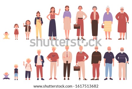 Woman and man in different ages vector illustration. Human life stages, childhood, youth, adulthood and senility. Children, young and elderly people flat characters isolated on white background Royalty-Free Stock Photo #1617513682