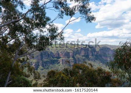Panoramic Blue Mountains Australia. Dramatic views of peaks, rock, valley, landscape, and green rainforest jungle. Adventure, freedom, fun concepts. Tourist mountain trek. Shot in Sydney, NSW.