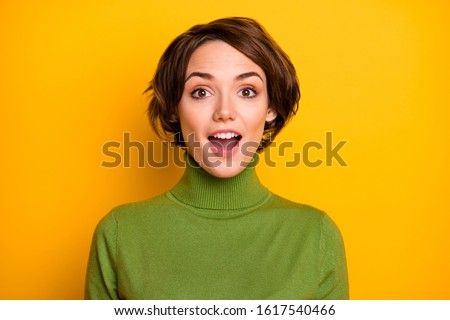Really? Closeup photo of funny short hairdo lady good mood listen positive news open mouth wear casual green turtleneck warm sweater isolated yellow color background