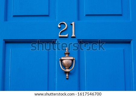 Sleek, simple & beautiful blue wooden front door with the house number 21