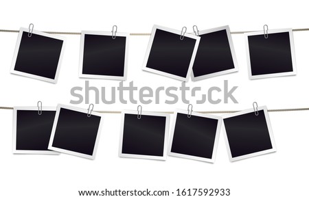 Square photorealistic blank retro photo frames attached metal paper clips on tapes. Template for design. Vector illustration