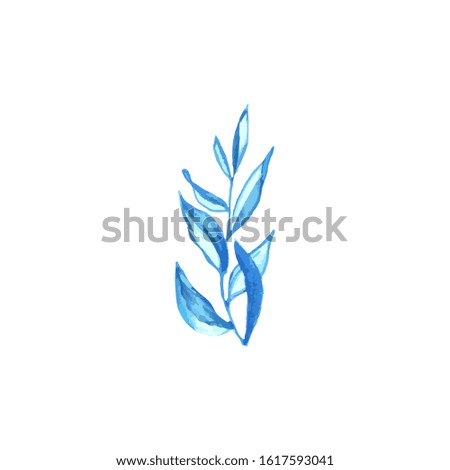 Blue watercolor leaves isolate on white background Delicate leaf for wedding invitation or winter card 