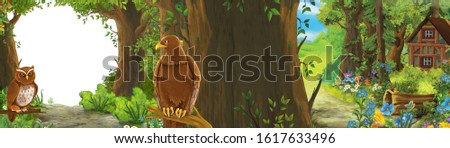 cartoon summer scene with beautiful eagle bird with meadow in the forest illustration for children