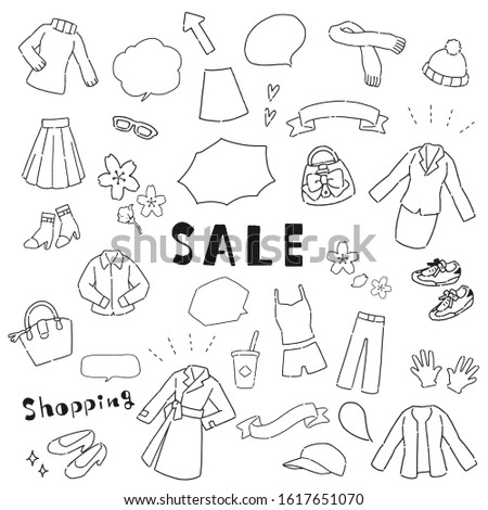 Cute illustration set of handwritten style female clothes and bags