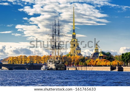 St Petersburg, Russia. Sailing ship anchored by the Peter and Paul Fortress.