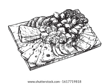 Hand drawn sketch of cheese, meat, grapes, apples, salami and pork on a wooden board. Dairy farm products cheese. Engraved style Royalty-Free Stock Photo #1617719818
