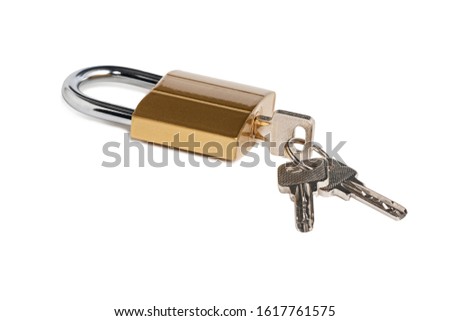Set of house door keys and lock isolated on white background. The hinged device for secure locking rooms. A bunch of shiny steel new keys on the ring and lock.